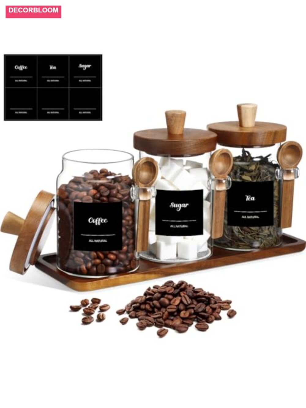 3 Pc Glass Coffee Canister Set Airtight Jars Bamboo Spoons Tray & Labels